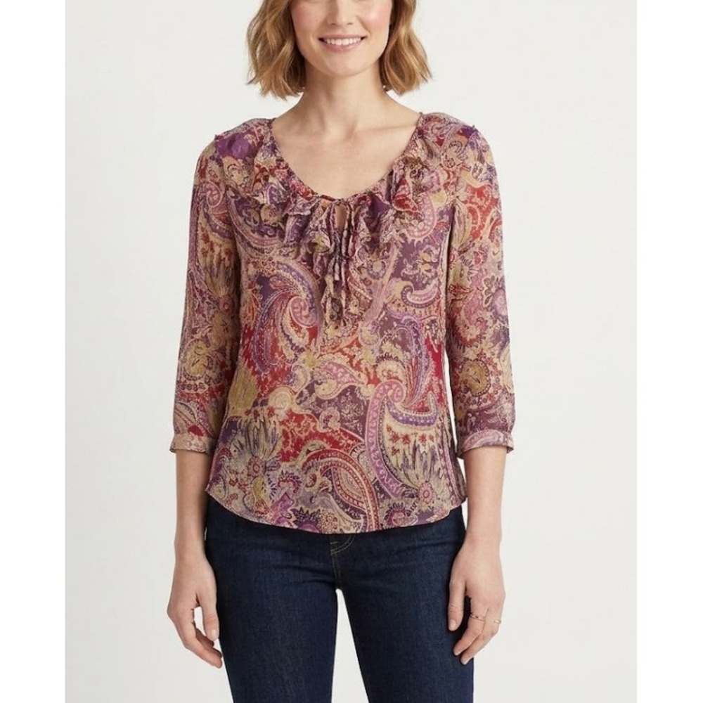 Lauren Ralph Lauren Vintage Medium Petite Ruffle Silk Semi Sheer Artsy Top Y2K